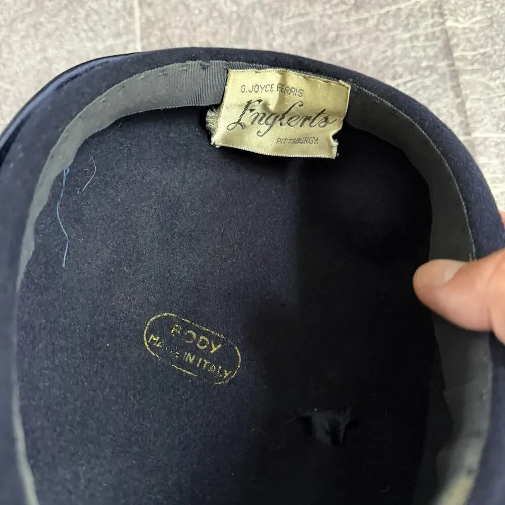Women's Vintage 1940's Englert's Navy Blue Felt Tilt Pillbox Cocktail Hat Cap